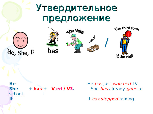 Утвердительное предложение / He   He has just watched  TV. She + has + V ed / V 3 .   She has already gone to school. It   It has stopped raining. 
