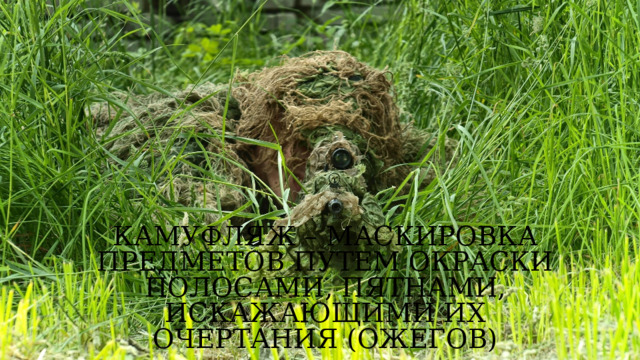 Камуфляж – маскировка предметов путем окраски полосами, пятнами, искажающими их очертания (Ожегов)  