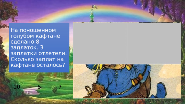 На поношенном голубом кафтане сделано 8 заплаток. 3 заплатки отлетели. Сколько заплат на кафтане осталось? 7 5 10 