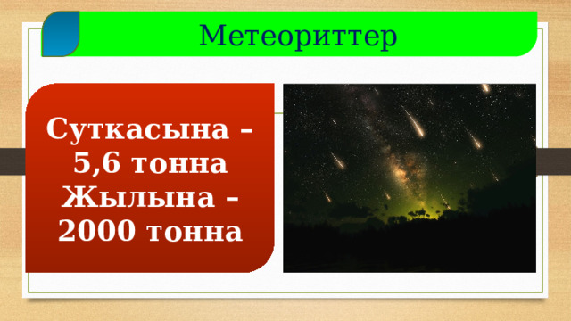  Метеориттер Суткасына – 5,6 тонна Жылына – 2000 тонна  