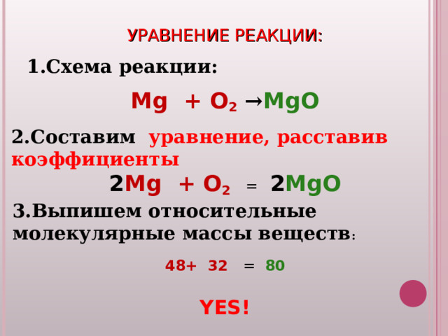УРАВНЕНИЕ РЕАКЦИИ:   1.Схема реакции:  Mg + O 2  → MgO   2 Mg + O 2  =  2 MgO    48+ 32 = 80 YES! 2.Составим уравнение, расставив коэффициенты  3.Выпишем относительные молекулярные  массы веществ :  