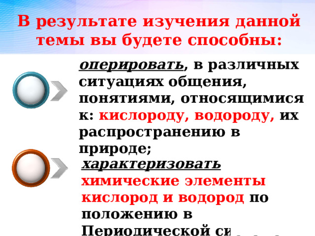 В результате изучения данной темы вы будете способны : о перирова ть , в различных ситуациях общения, понятиями, относящимися к: кислороду, водороду , их распространению в природе; х арактери зовать  химически е элемент ы кислород и водород по положению в Периодической с истеме . 
