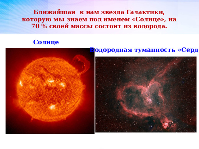 Ближайшая к нам звезда Галактики, которую мы знаем под именем «Солнце», на 70 % своей массы состоит из водорода. Солнце Водородная туманность «Сердце» 