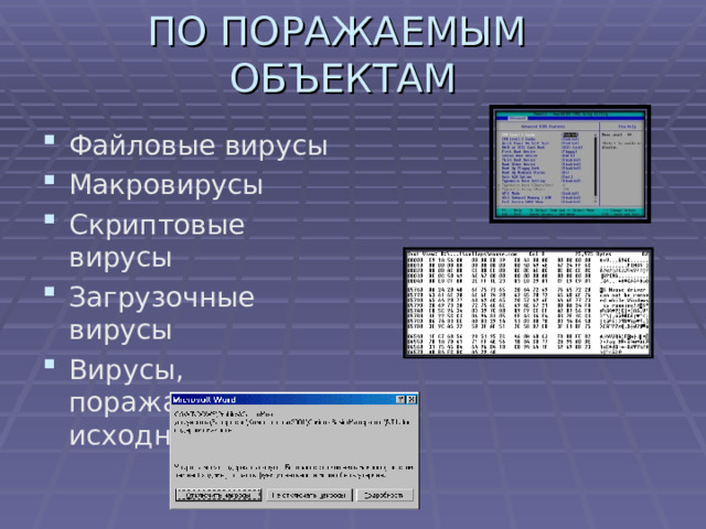 ПО ПОРАЖАЕМЫМ  ОБЪЕКТАМ   Файловые вирусы Макровирусы Скриптовые вирусы Загрузочные вирусы Вирусы, поражающие исходный код     