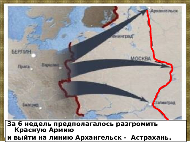 План «Барбаросса» предусматривал ведение «молниеносной войны» против СССР на трех основных направлениях - на Ленинград (группа армии «Север»), Москву (группа армии «Центр» и Киев (группа армии «Юг». север центр юг За 6 недель предполагалось разгромить Красную Армию и выйти на линию Архангельск - Астрахань. 