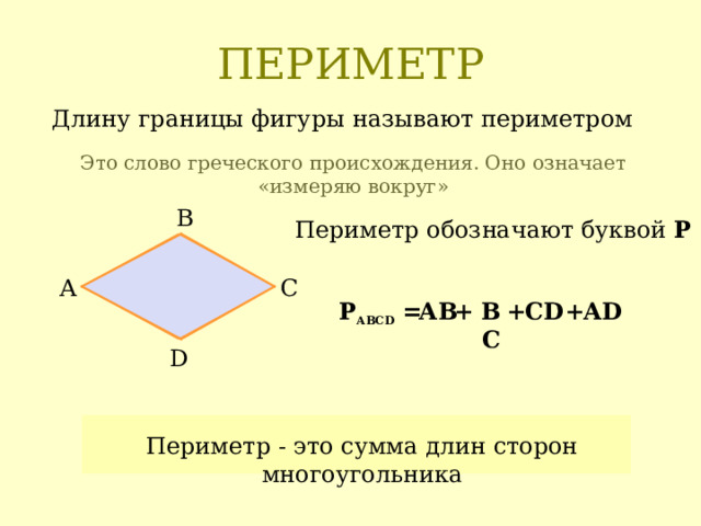 ПЕРИМЕТР Длину границы фигуры называют периметром Это слово греческого происхождения. Оно означает «измеряю вокруг» В Периметр обозначают буквой Р А С ВС + С D + А D + АВ Р АВС D  = D Периметр - это сумма длин сторон многоугольника 