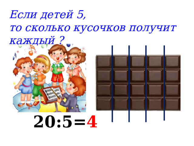Если детей 5, то сколько кусочков получит каждый  ?  20:5= 4 