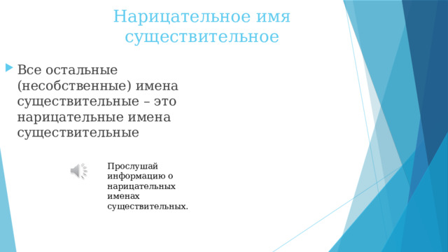 Нарицательное имя существительное Все остальные (несобственные) имена существительные – это нарицательные имена существительные Прослушай информацию о нарицательных именах существительных. 