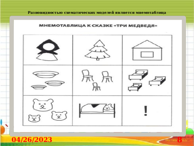 Разновидностью схематических моделей является мнемотаблица   04/26/2023  