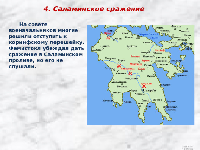 4. Саламинское сражение  На совете военачальников многие решили отступить к коринфскому перешейку. Фемистокл убеждал дать сражение в Саламинском проливе, но его не слушали. Учитель: С.А.Попов. 