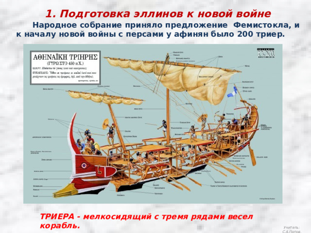 1. Подготовка эллинов к новой войне  Народное собрание приняло предложение Фемистокла, и к началу новой войны с персами у афинян было 200 триер. ТРИЕРА - мелкосидящий с тремя рядами весел корабль. Учитель: С.А.Попов. 
