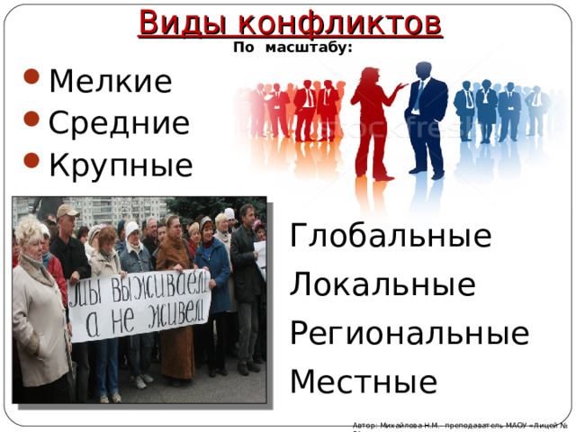 Виды конфликтов По масштабу: Мелкие Средние Крупные Глобальные Локальные Региональные Местные Автор: Михайлова Н.М.- преподаватель МАОУ «Лицей № 21» 
