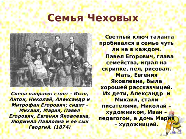 Семья Чеховых Светлый ключ таланта пробивался в семье чуть ли не в каждом. Павел Егорович, глава семейства, играл на скрипке, пел, рисовал. Мать, Евгения Яковлевна, была хорошей рассказчицей. Их дети, Александр и Михаил, стали писателями, Николай – художником, Иван – педагогом, а дочь Мария – художницей. Слева направо: стоят - Иван, Антон, Николай, Александр и Митрофан Егорович; сидят - Михаил, Мария, Павел Егорович, Евгения Яковлевна, Людмила Павловна и ее сын Георгий. (1874) 