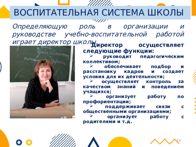 ВОСПИТАТЕЛЬНАЯ СИСТЕМА ШКОЛЫ Определяющую роль в организации и руководстве учебно-воспитательной работой играет директор школы. Директор осуществляет следующие функции:  руководит педагогическим коллективом;  обеспечивает подбор и расстановку кадров и создает условия для их деятельности;  осуществляет контроль за качеством знаний и поведением учащихся;  организует работу по профориентации;  поддерживает связи с общественными организациями;  организует работу с родителями и т.д.  6 