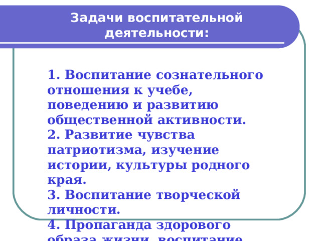 Задачи воспитательной деятельности: 1. Воспитание сознательного отношения к учебе, поведению и развитию общественной активности. 2. Развитие чувства патриотизма, изучение истории, культуры родного края. 3. Воспитание творческой личности. 4. Пропаганда здорового образа жизни, воспитание любви к спорту. 
