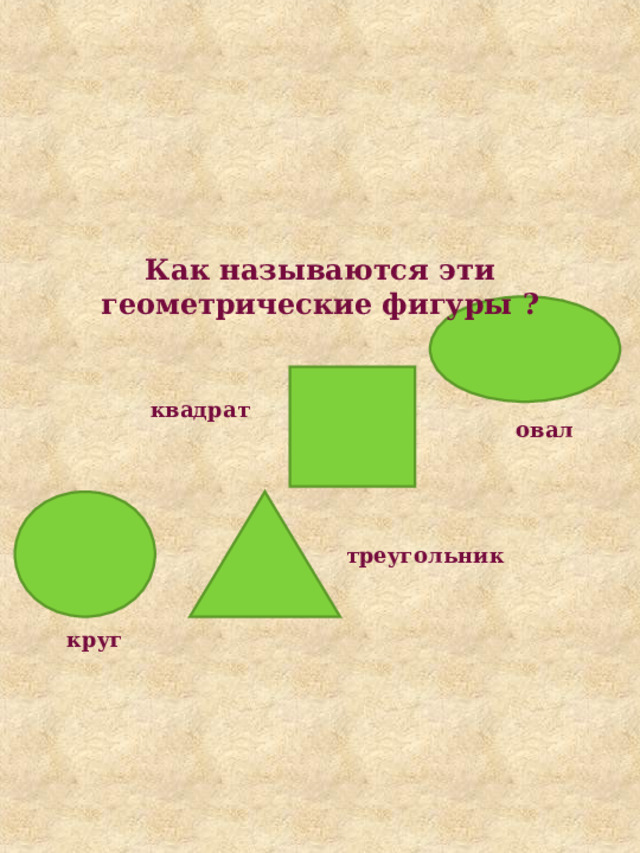Как называются эти геометрические фигуры ? квадрат овал треугольник круг 
