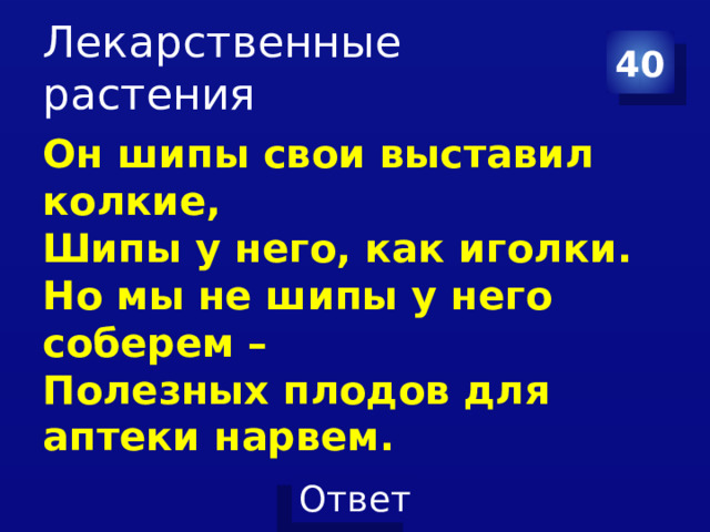 Лекарственные растения 40 Он шипы свои выставил колкие,  Шипы у него, как иголки.  Но мы не шипы у него соберем –   Полезных плодов для аптеки нарвем. 