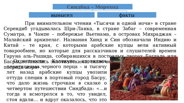 Синдбад – Мореход вымысел факты  При внимательном чтении «Тысячи и одной ночи» в стране Серендиб угадывалась Шри-Ланка, в стране Забаг – современная Суматра, в Чампе – побережье Вьетнама, в островах Михраджан – Малайский архипелаг. Названия Хинд и Син обозначали Индию и Китай – те края, с которыми арабские купцы вели активный товарообмен, но которые для рассказчиков и слушателей времен Гаруна аль-Рашида, собиравшихся в постоялых дворах Багдада или Басры, оставались экзотическими, сказочными странами, «островами посреди моря».  Окрестности Каликута славились плантациями черного перца – и тысячу лет назад арабские купцы увозили оттуда специи в портовый город Басру, что дало жизнь строчкам в сказке о четвертом путешествии Синдбада: «…и тогда я всмотрелся в то, что увидел, стоя вдали… и вдруг оказалось, что это толпа людей, которые собирают зернышки перца…». 