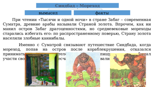 Синдбад – Мореход вымысел факты  При чтении «Тысячи и одной ночи» в стране Забаг – современная Суматра, древние арабы называли Страной золота. Впрочем, как ни манил остров Забаг драгоценностями, но средневековые мореходы старались избегать его: по распространенному поверью, Страну золота населяли злобные каннибалы.  Именно с Суматрой связывают путешествие Синдбада, когда мореход, попав на остров после кораблекрушения, отказался принимать от местных жителей отупляющую пищу и потому избежал участи своих товарищей: несчастных откармливали на убой. 