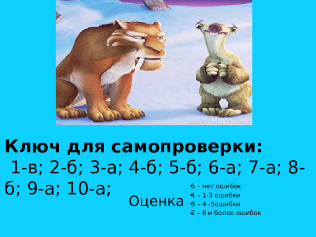 Ключ для самопроверки:  1-в; 2-б; 3-а; 4-б; 5-б; 6-а; 7-а; 8-б; 9-а; 10-а; 5 – нет ошибок 4 – 1-3 ошибки 3 – 4 -5ошибки 2 – 6 и более ошибок Оценка 