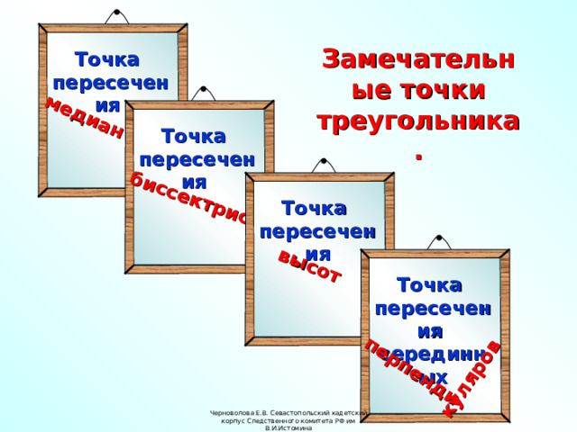 медиан биссектрис высот перпенди куляров Замечательные точки треугольника. Точка пересечения Точка пересечения Точка пересечения Точка пересечения серединных Черноволова Е.В. Севастопольский кадетский корпус Следственного комитета РФ им В.И.Истомина 23 