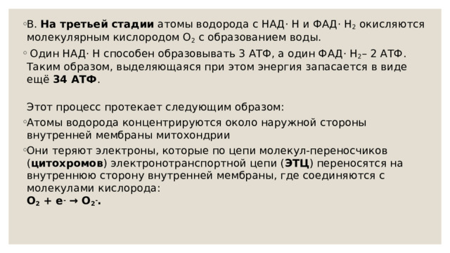 В. На третьей стадии атомы водорода с НАД· Н и ФАД· Н 2 окисляются молекулярным кислородом О 2 с образованием воды.  Один НАД· Н способен образовывать 3 АТФ, а один ФАД· Н 2 – 2 АТФ. Таким образом, выделяющаяся при этом энергия запасается в виде ещё 34 АТФ .  Этот процесс протекает следующим образом: Атомы водорода концентрируются около наружной стороны внутренней мембраны митохондрии Они теряют электроны, которые по цепи молекул-переносчиков ( цитохромов ) электронотранспортной цепи ( ЭТЦ ) переносятся на внутреннюю сторону внутренней мембраны, где соединяются с молекулами кислорода:  О 2 + е - → О 2 - .   