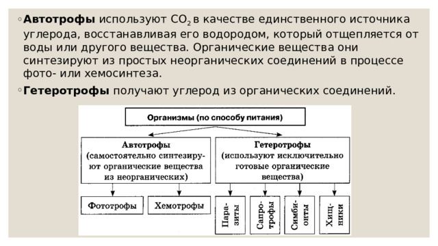 Автотрофы используют CO 2 в качестве единственного источника углерода, восстанавливая его водородом, который отщепляется от воды или другого вещества. Органические вещества они синтезируют из простых неорганических соединений в процессе фото- или хемосинтеза. Гетеротрофы получают углерод из органических соединений. 