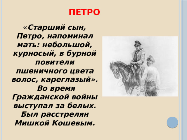 Петро « Старший сын, Петро, напоминал мать: небольшой, курносый, в бурной повители пшеничного цвета волос, кареглазый».  Во время Гражданской войны выступал за белых. Был расстрелян Мишкой Кошевым. 