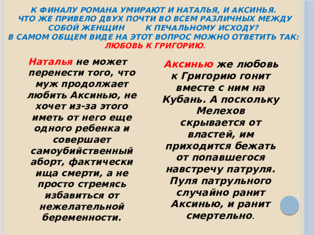 К финалу романа умирают и Наталья, и Аксинья.  Что же привело двух почти во всем различных между собой женщин к печальному исходу?  В самом общем виде на этот вопрос можно ответить так:  любовь к Григорию . Наталья не может перенести того, что муж продолжает любить Аксинью, не хочет из-за этого иметь от него еще одного ребенка и совершает самоубийственный аборт, фактически ища смерти, а не просто стремясь избавиться от нежелательной беременности.  Аксинью же любовь к Григорию гонит вместе с ним на Кубань. А поскольку Мелехов скрывается от властей, им приходится бежать от попавшегося навстречу патруля. Пуля патрульного случайно ранит Аксинью, и ранит смертельно . 