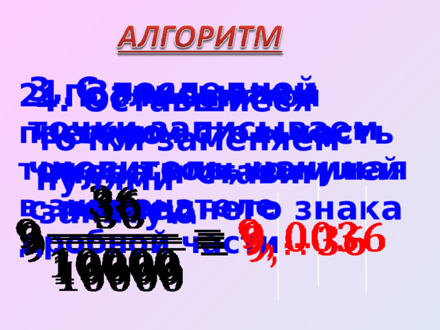 3. С последней точки записываем числитель, начиная с последнего знака 1. Записываем целую часть числа и ставим запятую 2. После запятой поставим столько точек, сколько нулей в знаменателе дробной части 4. Оставшиеся точки заменяем нулями 