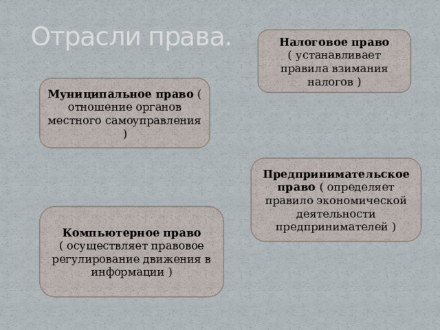 Отрасли права. Налоговое право ( устанавливает правила взимания налогов ) Муниципальное право ( отношение органов местного самоуправления ) Предпринимательское право ( определяет правило экономической деятельности предпринимателей ) Компьютерное право ( осуществляет правовое регулирование движения в информации ) 