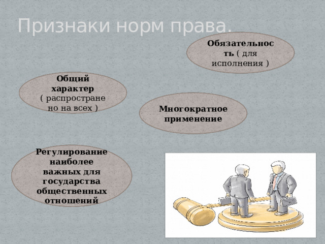 Признаки норм права. Обязательность ( для исполнения ) Общий характер ( распространено на всех ) Многократное применение Регулирование наиболее важных для государства общественных отношений 