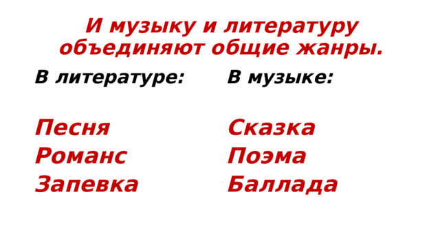 И музыку и литературу объединяют общие жанры. В литературе: В музыке:   Песня Сказка Романс Поэма Запевка Баллада 
