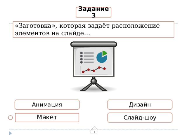 Задание 3 « Заготовка», которая задаёт расположение элементов на слайде… Дизайн Анимация Слайд-шоу Макет 