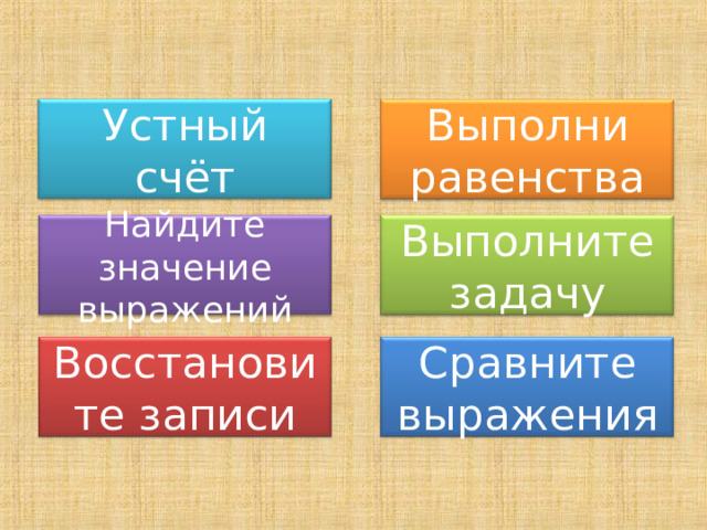 Устный счёт Выполни равенства Найдите значение выражений Выполните задачу Восстановите записи Сравните выражения 