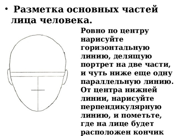  Разметка основных частей лица человека. Ровно по центру нарисуйте горизонтальную линию, делящую портрет на две части, и чуть ниже еще одну параллельную линию. От центра нижней линии, нарисуйте перпендикулярную линию, и пометьте, где на лице будет расположен кончик носа. Не забудьте нарисовать уши. 