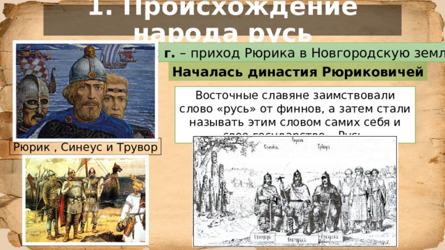 1. Происхождение народа русь 862 г. – приход Рюрика в Новгородскую землю Началась династия Рюриковичей Восточные славяне заимствовали слово «русь» от финнов, а затем стали называть этим словом самих себя и свое государство – Русь. Рюрик , Синеус и Трувор 