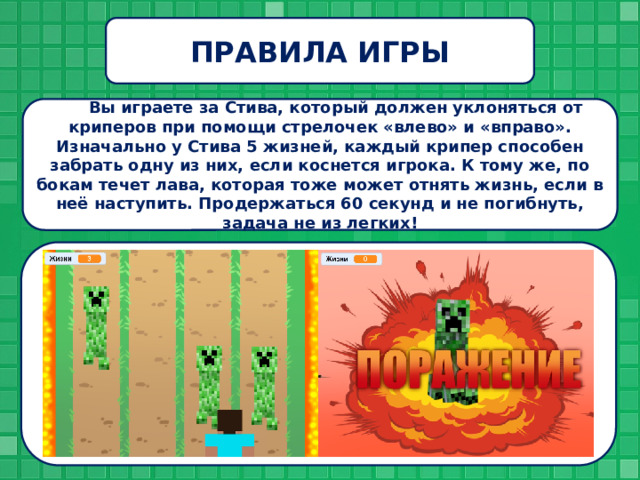 ПРАВИЛА ИГРЫ Вы играете за Стива, который должен уклоняться от криперов при помощи стрелочек «влево» и «вправо». Изначально у Стива 5 жизней, каждый крипер способен забрать одну из них, если коснется игрока. К тому же, по бокам течет лава, которая тоже может отнять жизнь, если в неё наступить. Продержаться 60 секунд и не погибнуть, задача не из легких! 