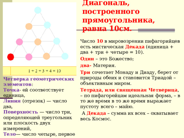 Диагональ, построенного прямоугольника, равна 10см. Число 10 в мировозрении пифагорийцев есть мистическая Декада (единица + два + три + четыре = 10). Один – это Божество; два- Материя. Три сочетает Монаду и Диаду, берет от природы обеих и становится Триадой – объективным миром. Тетрада, или священная Четверица , – по пифагорейцам идеальная форма, – в то же время в то же время выражает пустоту всего – майю.  А Декада – сумма их всех – охватывает весь Космос. Четверка геометрических элементов : Точка - ей соответствует единица, Линия (отрезок) — число два, Поверхность — число три, определяющей треугольник или плоскость двух измерений, Тело — число четыре, первое пирамидальное число, дающее представление о пространстве трёх измерений 