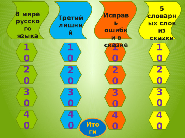 5 словарных слов из сказки В мире русского языка Исправь ошибки в сказке Третий лишний 10 10 10 10 20 20 20 20 30 30 30 30 40 40 40 40 Итоги  