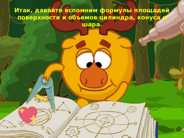 Итак, давайте вспомним формулы площадей поверхности и объемов цилиндра, конуса и шара. 