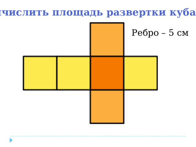 Вычислить площадь развертки куба Ребро – 5 см 