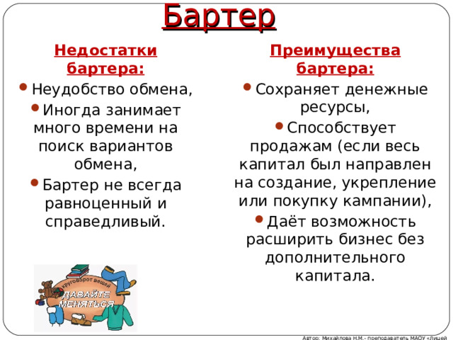 Бартер Недостатки бартера: Преимущества бартера: Неудобство обмена, Иногда занимает много времени на поиск вариантов обмена, Бартер не всегда равноценный и справедливый. Сохраняет денежные ресурсы, Способствует продажам (если весь капитал был направлен на создание, укрепление или покупку кампании), Даёт возможность расширить бизнес без дополнительного капитала.    Автор: Михайлова Н.М.- преподаватель МАОУ «Лицей № 21» 