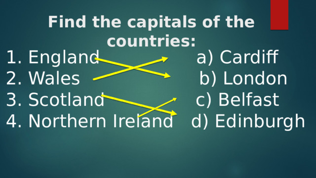 Find the capitals of the countries:    England a) Cardiff  Wales b) London  Scotland c) Belfast  Northern Ireland d) Edinburgh 