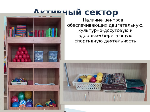 Активный сектор Наличие центров, обеспечивающих двигательную, культурно-досуговую и здоровьесберегающую спортивную деятельность 