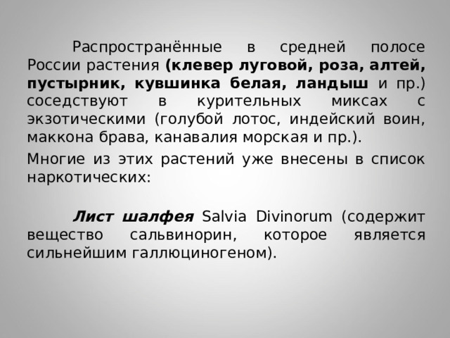  Распространённые в средней полосе России растения (клевер луговой, роза, алтей, пустырник, кувшинка белая, ландыш и пр.) соседствуют в курительных миксах с экзотическими (голубой лотос, индейский воин, маккона брава, канавалия морская и пр.). Многие из этих растений уже внесены в список наркотических:   Лист шалфея Salvia Divinorum (содержит вещество сальвинорин, которое является сильнейшим галлюциногеном). 