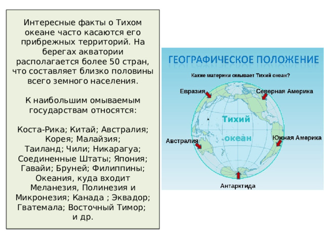 Интересные факты о Тихом океане часто касаются его прибрежных территорий. На берегах акватории располагается более 50 стран, что составляет близко половины всего земного населения.   К наибольшим омываемым государствам относятся:   Коста-Рика; Китай; Австралия; Корея; Малайзия;  Таиланд; Чили; Никарагуа; Соединенные Штаты; Япония; Гавайи; Бруней; Филиппины; Океания, куда входит Меланезия, Полинезия и Микронезия; Канада ; Эквадор; Гватемала; Восточный Тимор;  и др. 