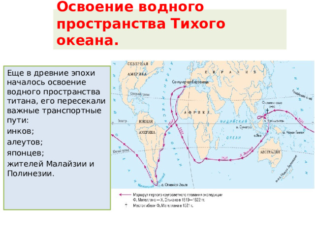 Освоение водного пространства Тихого океана. Еще в древние эпохи началось освоение водного пространства титана, его пересекали важные транспортные пути: инков; алеутов; японцев; жителей Малайзии и Полинезии. 