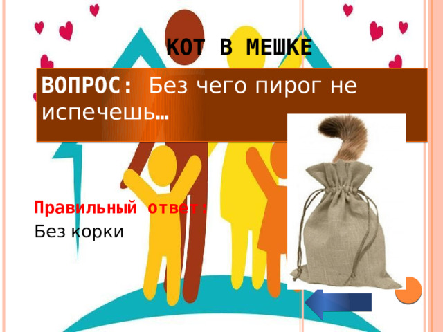 КОТ В МЕШКЕ ВОПРОС: Без чего пирог не испечешь … Правильный ответ:   Без корки 