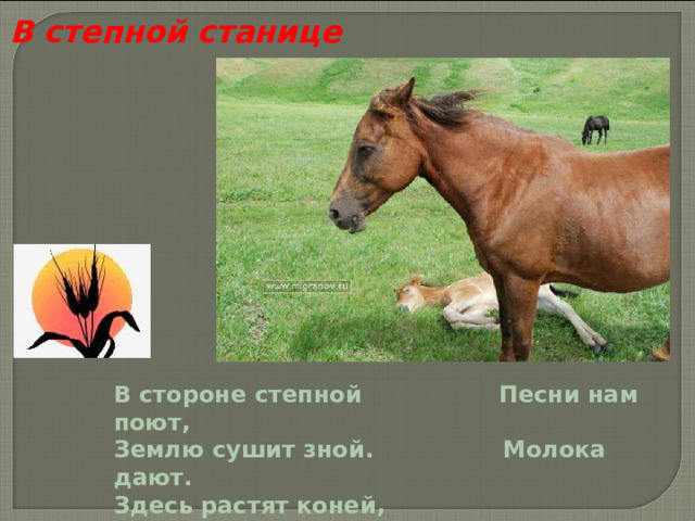В степной станице В стороне степной Песни нам поют, Землю сушит зной. Молока дают. Здесь растят коней, Как растят детей: 